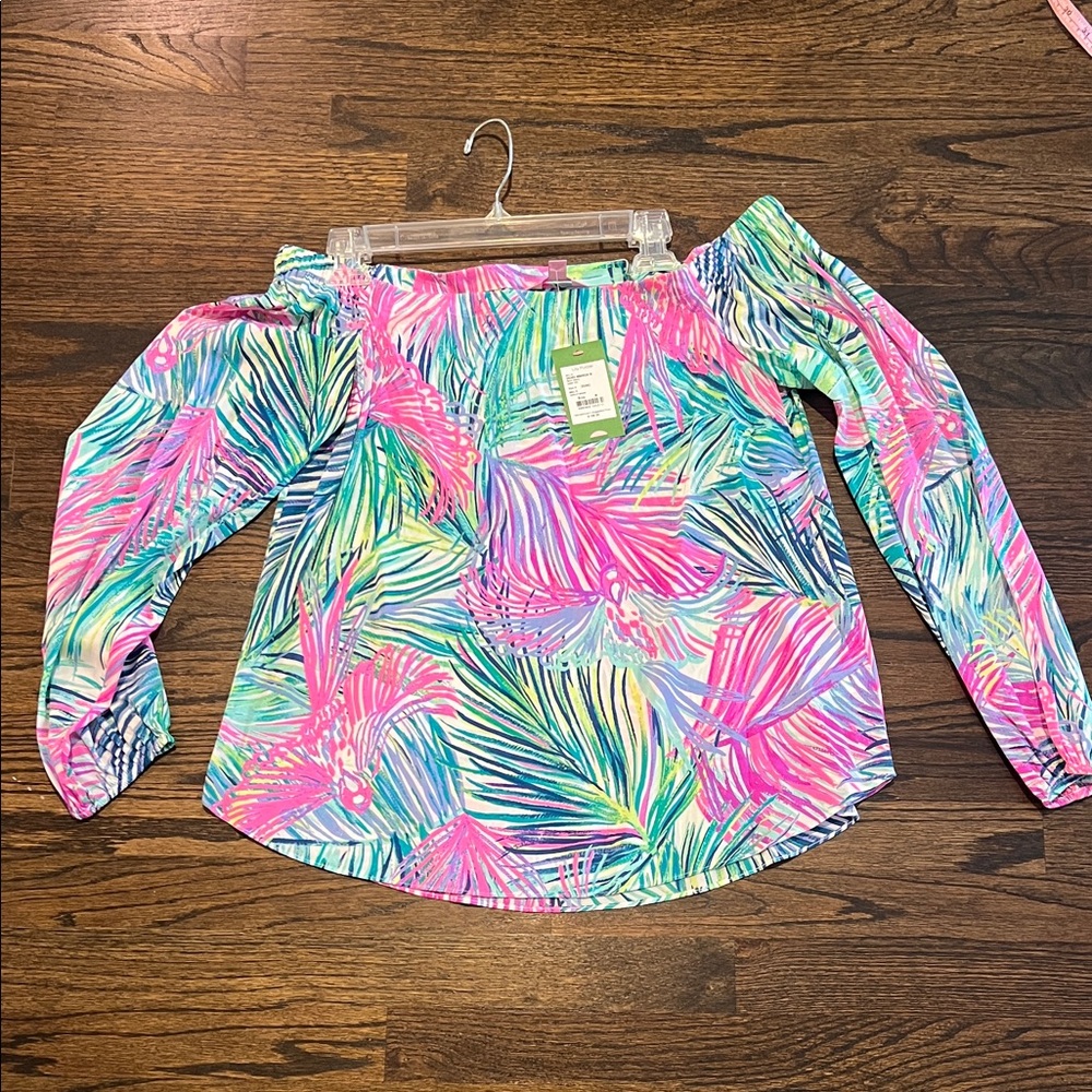 Lilly Pulitzer Off-Shoulder Tropical Print Top in Pink, Green, Blue
